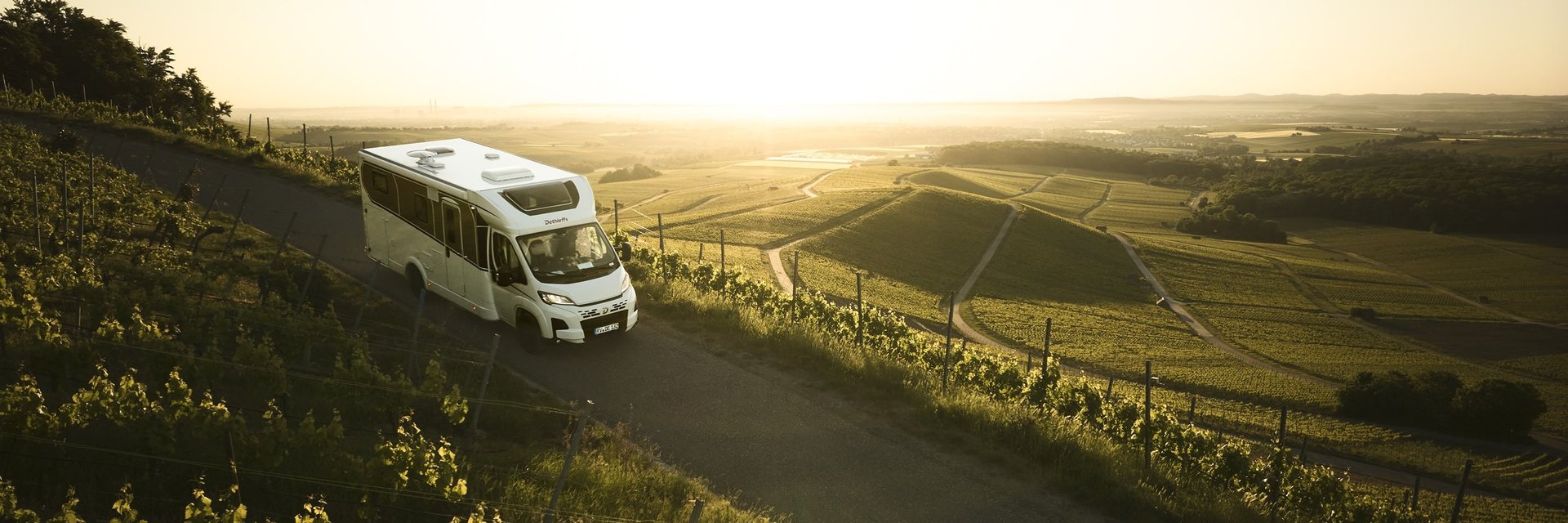 Wohnmobil fährt auf schmaler Straße durch hügelige Weinberge bei Sonnenuntergang