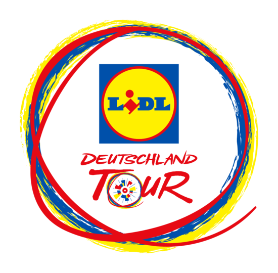 Buntes, kreisförmiges Logo mit dem Schriftzug 'LIDL' in einem gelben Kreis auf blauem Quadrat und dem roten Text 'DEUTSCHLAND TOUR' darunter